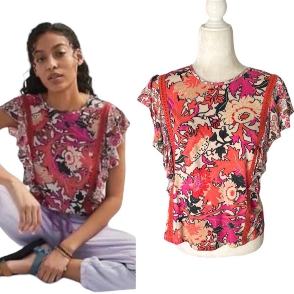 Anthro Conditions Apply Zofana Pink Floral Ruffle
Sleeve Crop Top Baby Tee - S